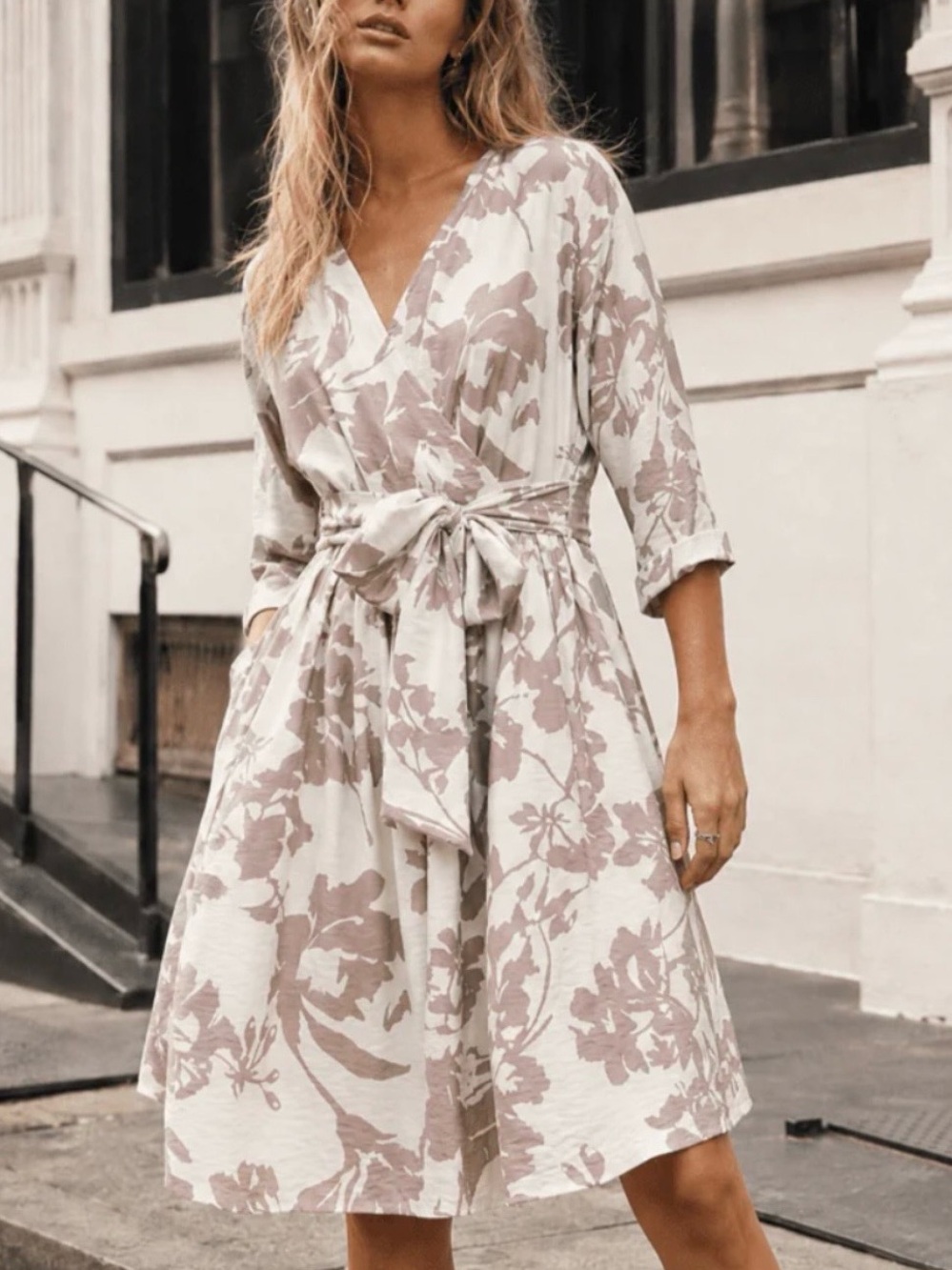 Floral Wrap Tie-Waist Dress in Taupe & Cream